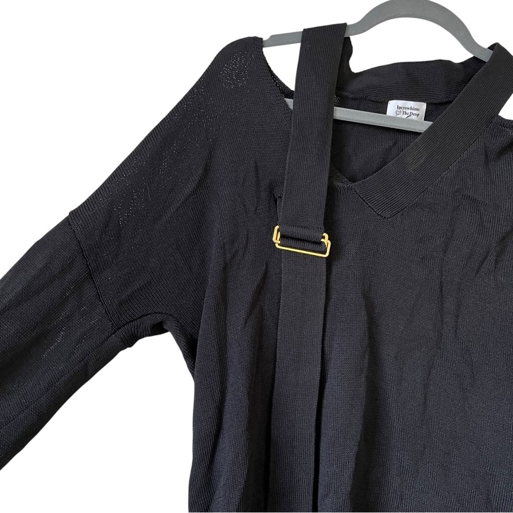 LucysWhims The Drop Black Buckle Cold Shoulder Slouchy Sweater V-Neck Size Small - Picture 4 of 12